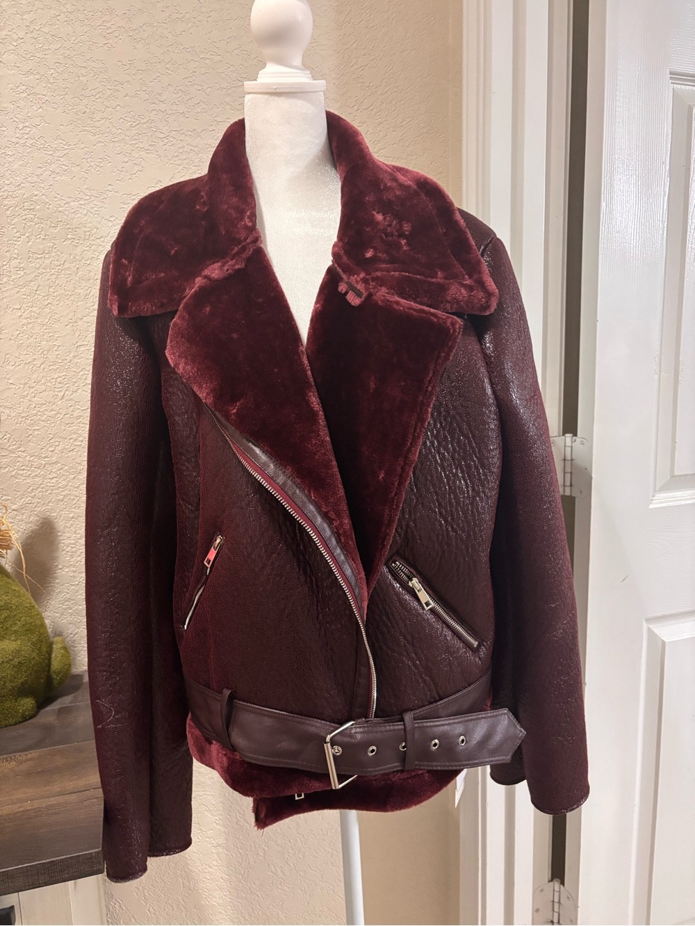 Commense Deep Burgundy Faux-Shearling Bomber Jacket